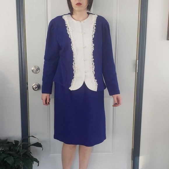80s Blue Knit Skirt Set - Picture 1 of 4